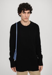 Black knit sweater with ribbed detailing, crew neckline, and long sleeves. Worn over beige pants with a light blue shoulder bag.