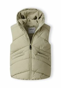 Puffige beige Weste mit Kapuze, Reißverschluss vorne, diagonal gestepptem Muster und zwei vorderen Taschen. Weiche Innenfutter sichtbar.