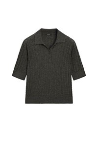 Dunkelgrauens Kurzarm-Polohemd mit gerippter Textur, flachem Kragen und drei Knöpfen am Hals. Baumwollmischgewebe.