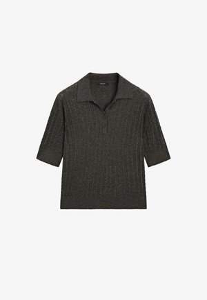 Dunkelgrauens Kurzarm-Polohemd mit gerippter Textur, flachem Kragen und drei Knöpfen am Hals. Baumwollmischgewebe.