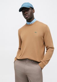 Brun stickad tröja med rund hals, med en liten grön logotyp, kombinerad med en ljusblå skjorta och ljusgrå byxor. Denimkeps på huvudet.