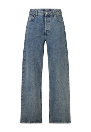 Blauwe jeans met hoge taille en wijde pijpen, vooraan sluiting met knoop en rits, twee voorzakken en ceintuurlussen.