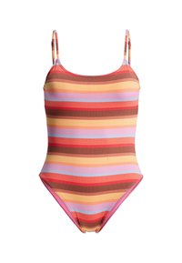 Multikleurig gestreept badpak met dunne verstelbare bandjes en een zachte, textuurrijke stof; de kleuren omvatten rood, roze, geel en blauw.