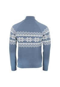 Pull en tricot bleu avec des motifs géométriques et flocons de neige nordiques blancs sur le dos et les manches, doté d'un col haut côtelé.