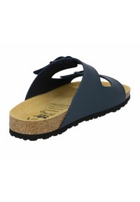 Navy blue cork-soled sandal with an open back and two adjustable straps. Textured footbed beneath provides support and comfort.