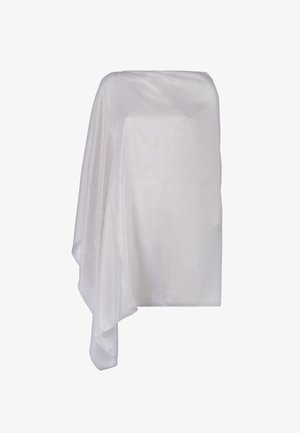 Wit, glanzend stof elegant gedrapeerd. Zachte textuur, rechthoekige vorm met vloeiende randen en een subtiele glans. Geen zichtbare patronen of accenten.