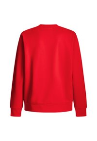 Czerwona, gładka bluza z długim rękawem z prążkowanymi mankietami i dołem, pokazana od tyłu na białym tle.