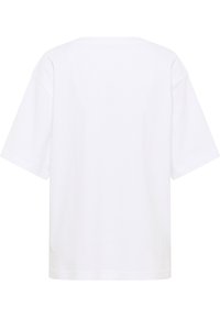 Weißes Baumwoll-T-Shirt mit lockerer Passform, kurzen Ärmeln und rundem Halsausschnitt. Die Rückseite ist schlicht und hat keine zusätzlichen Details oder Muster.