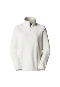Witte fleece pullover met een rits-hals ontwerp, lange mouwen en een klein logo op de borst. Gladde textuur met een lichte feel.