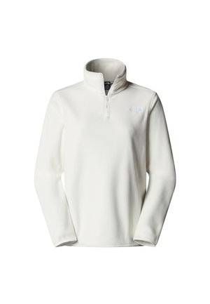 Witte fleece pullover met een rits-hals ontwerp, lange mouwen en een klein logo op de borst. Gladde textuur met een lichte feel.