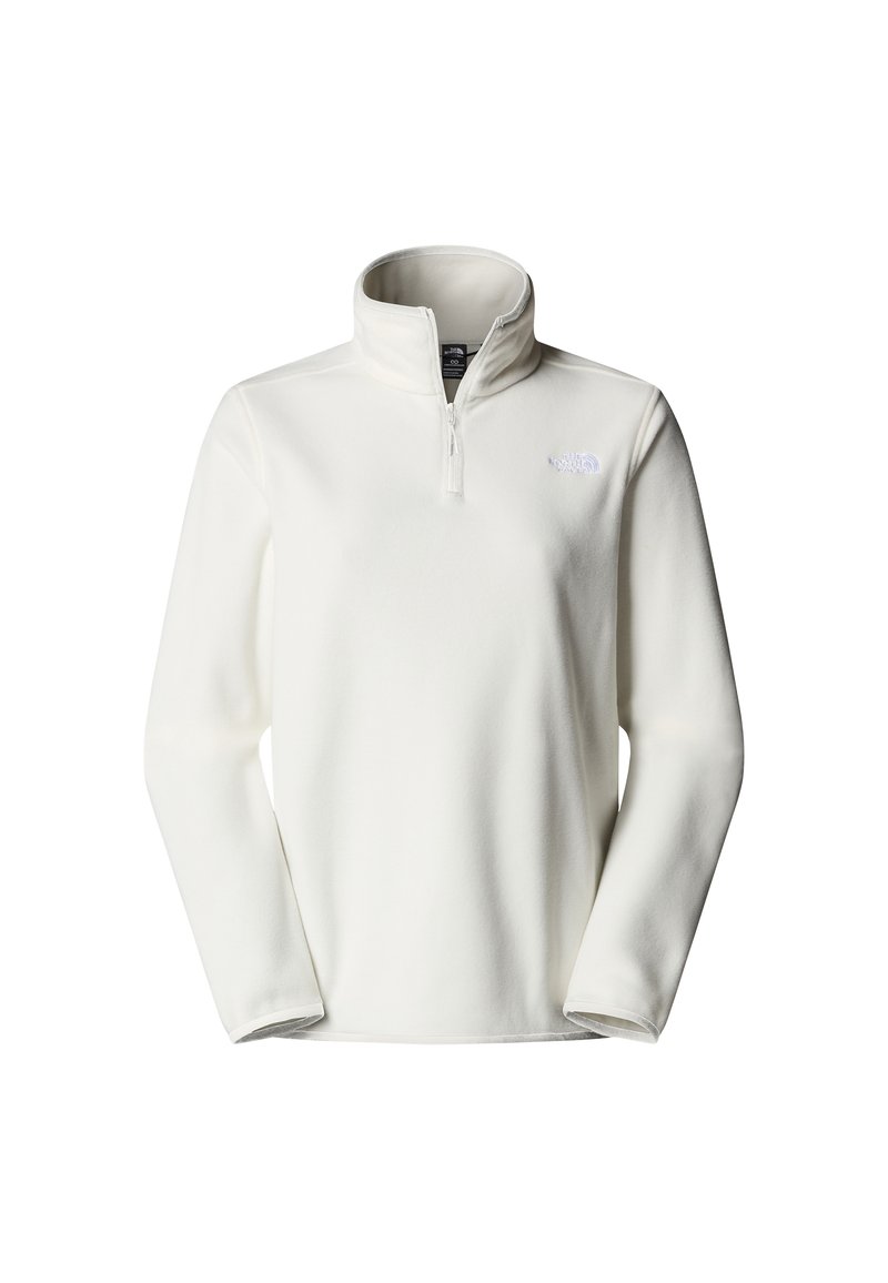 Witte fleece pullover met een rits-hals ontwerp, lange mouwen en een klein logo op de borst. Gladde textuur met een lichte feel.