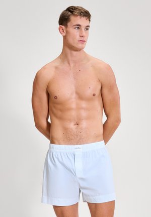 Άντρας νεαρής ηλικίας, χωρίς πουκάμισο, με κοντά μαλλιά, φορώντας ανοιχτό μπλε ριγέ μποξεράκια, στέκεται με τα χέρια πίσω από την πλάτη, κοιτάζοντας προς τα δεξιά.