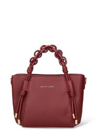 Borsa a mano in pelle bordeaux con manici circolari intrecciati, dotata di accessori in metallo dorato, dettagli annodati e logo del marchio in rilievo.