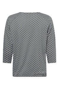 Long-sleeve shirt with geometric pattern of alternating black, white, and olive green quarter-circle shapes on a white background.