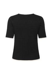 Top negro de manga corta con textura acanalada, cuello redondo y ribetes blancos en las mangas y el dobladillo. Textura suave con una silueta ajustada.