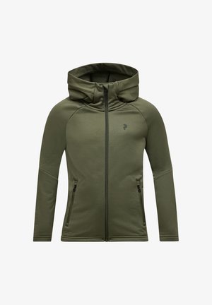Olijfgroen ritjack met een capuchon, gemaakt van zachte stof. Heeft twee voorste ritszakken en een subtiele logo op de borst.