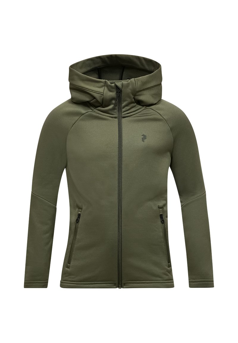 Giacca a zip verde oliva con cappuccio, realizzata in tessuto morbido. Presenta due tasche frontali con zip e un logo discreto sul petto.