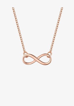 Rožu zelta kaklarota ar bezgalības simbola piekariņu. Ķēde sastāv no savienotiem ovāliem veidotiem elementiem, piešķirot tekstūru un vizuālu interesi.