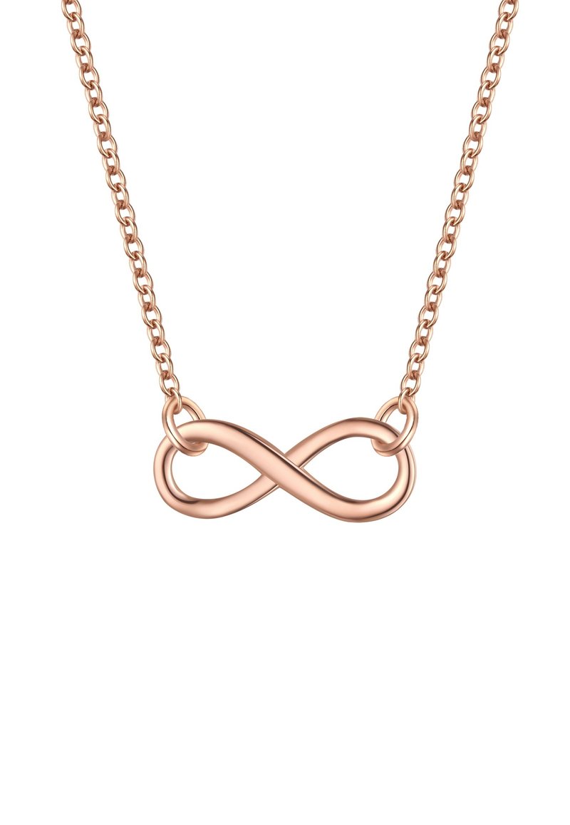 Rose gold halskæde med et uendelighedssymbol vedhæng. Kæden består af sammenkoblede ovale former, hvilket tilføjer tekstur og visuel interesse.