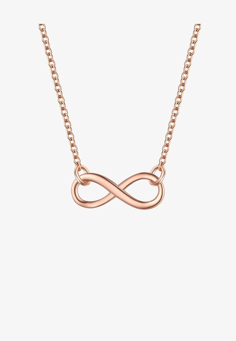 Rose gold halskæde med et uendelighedssymbol vedhæng. Kæden består af sammenkoblede ovale former, hvilket tilføjer tekstur og visuel interesse.