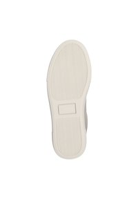 Suola della scarpa in gomma beige chiaro, caratterizzata da una texture ondulata e un logo rettangolare. Bordo arrotondato con un profilo piatto per garantire stabilità.