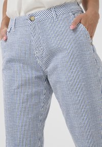 Blue and white striped tailored pants with a smooth texture, featuring a button closure and side pockets.