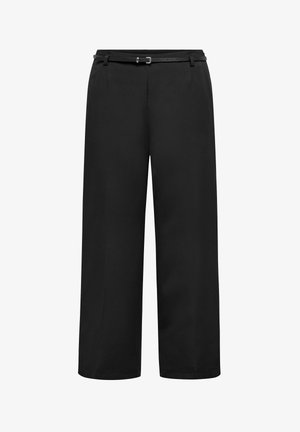 Czarne spodnie szerokie wykonane z gładkiego materiału, z taperowanym stanem, szlufkami na pasek i odpinanym paskiem z srebrną klamrą.