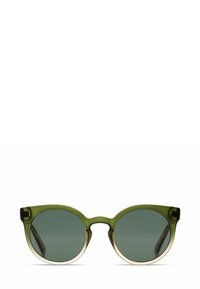 Lunettes de soleil en plastique vert avec des verres ronds, présentant un accent marron clair sur la monture. Texture lisse et design minimaliste.