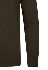 Ciemnozielony sweter dzianinowy z długimi rękawami, ribbowanymi mankietami i gładką teksturą. Brak widocznych wzorów lub dodatkowych detali.