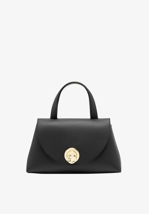 Borsa a tracolla in pelle nera con una forma strutturata, parte superiore arrotondata e chiusura circolare dorata. Caratterizzata da manici corti e robusti e una texture liscia.