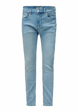 Lichtblauwe slim-fit jeans met steekzakken aan de voorkant, riemlussen en een knoopsluiting, afgebeeld tegen een witte achtergrond.