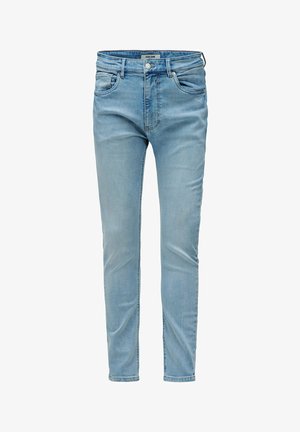 Svetlo modre ozke jeans hlače z žepi spredaj, zankami za pas in zapiranjem na gumb, prikazane na belem ozadju.