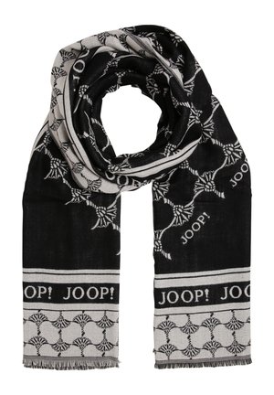 Schwarz-weißes Tuch aus gewebtem Stoff, mit einem Muster aus stilisierten Blättern und dem wiederholten Text "JOOP!", mit Fransen an den Rändern.