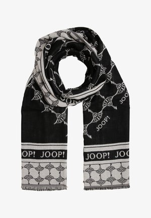 Écharpe en noir et blanc en tissu tissé, ornée d'un motif de feuilles stylisées et du texte répété "JOOP!" avec des bords frangés.