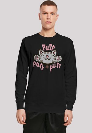 Black sweatshirt featuring a cartoon cat graphic with the word "Purr" in light pink. The design includes playful colors and soft textures.