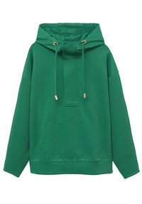 Groene hoodie van gestructureerde stof. Heeft een kangoeroezak, koordjes met gouden accenten en een relaxte fit met brede mouwen.