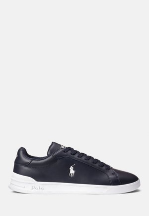 Navy leather sneakers with round toe, white rubber sole, lacing system, and accent logo. Smooth texture with a simple design.