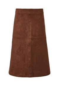 Jupe A-line en daim marron avec des coutures verticales et horizontales visibles, longueur genoux, sans fermetures ni embellissements visibles.