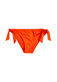 Pomarańczowe bikini dolne z bocznymi wiązaniami, wykonane z gładkiego materiału. Posiada klasyczny krój i bezszwowe wykończenie dla wygody.