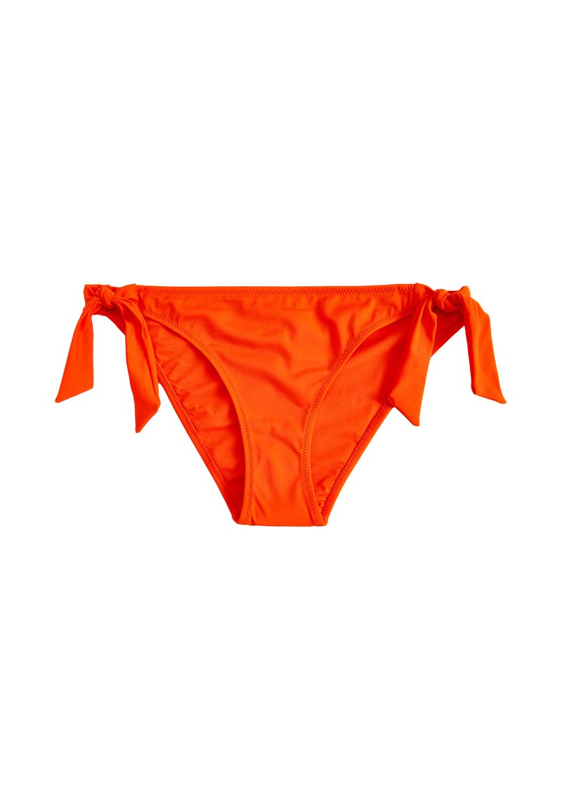 Pomarańczowe bikini dolne z bocznymi wiązaniami, wykonane z gładkiego materiału. Posiada klasyczny krój i bezszwowe wykończenie dla wygody.