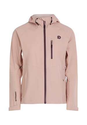 Beżowa kurtka z kapturem, z frontowym zamkiem błyskawicznym, zamykaną kieszenią na piersi oraz z logo na lewej piersi i prawym rękawie.