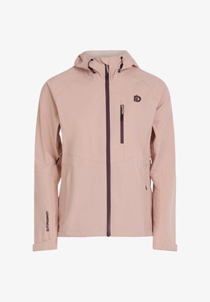 Beżowa kurtka z kapturem, z frontowym zamkiem błyskawicznym, zamykaną kieszenią na piersi oraz z logo na lewej piersi i prawym rękawie.