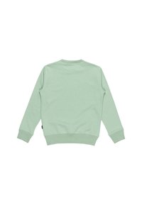 Felpa verde menta con collo rotondo, polsini e orlo a coste. Texture liscia, design minimalista senza loghi o motivi visibili.