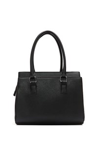 Sac à main noir en matériau synthétique texturé, avec deux poignées, une forme structurée et des accents en métal argenté.