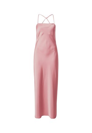 Pink satin midi dress with thin, crisscross spaghetti straps, a fitted bodice, and a flowing skirt, featuring a smooth, glossy texture.