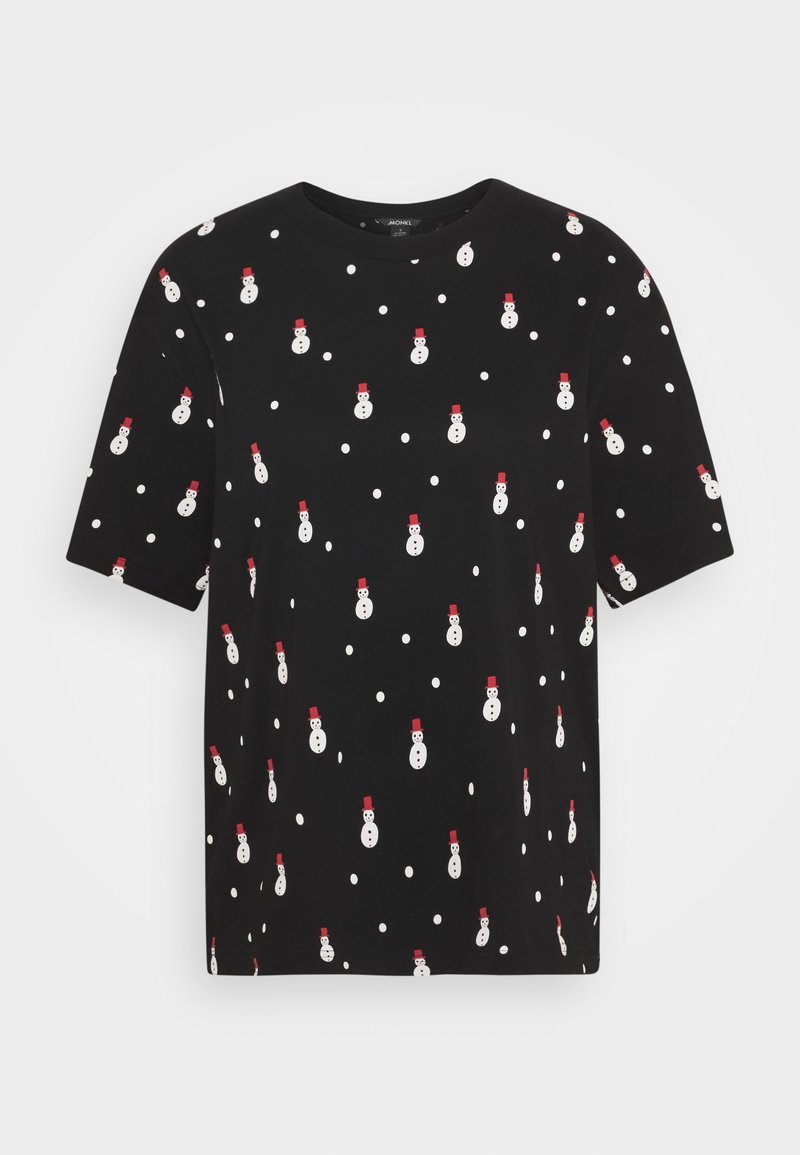 T-shirt noir à manches courtes avec un motif de petits bonshommes de neige blancs portant des chapeaux rouges et des points blancs éparpillés.