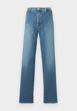 Light blue straight-leg jeans with a high waist, featuring contrasting curved seams and five pockets. Made of denim fabric.