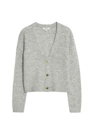 Grå stickad cardigan med djup V-hals, fem knappstängningar fram och ribbade ärmslut och nederkant. Mjuk struktur, normal passform, kort längd.