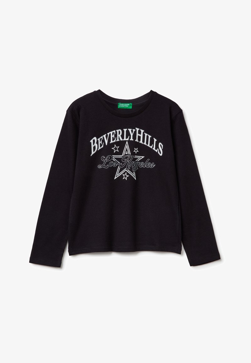 Schwarz langärmliges T-Shirt mit "BEVERLY HILLS" und "Los Angeles" in weißem Druck, Sterngrafiken und rundem Ausschnitt. Weiches Material.