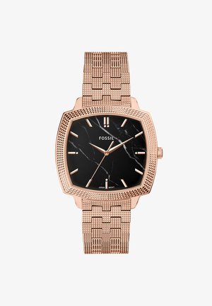 Roosakuldne tekstuuriga metallist rihmaga käekell, millel on ruudukujuline must marmorist sihverplaat, minimalistlikud kuldsed tunniindeksid ja kolm kellaosutit, mis näitavad aega 10:10:37.